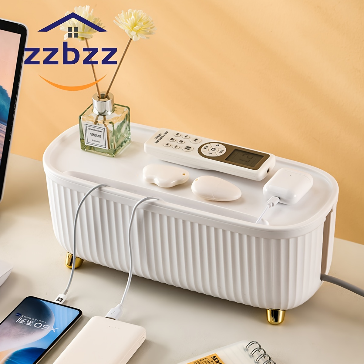 

Zzbzz Multi-functional Cable Management Box - Sleek White Plastic Desktop Organizer For Power Cords, Data Cables & Office Accessories With Golden Accents