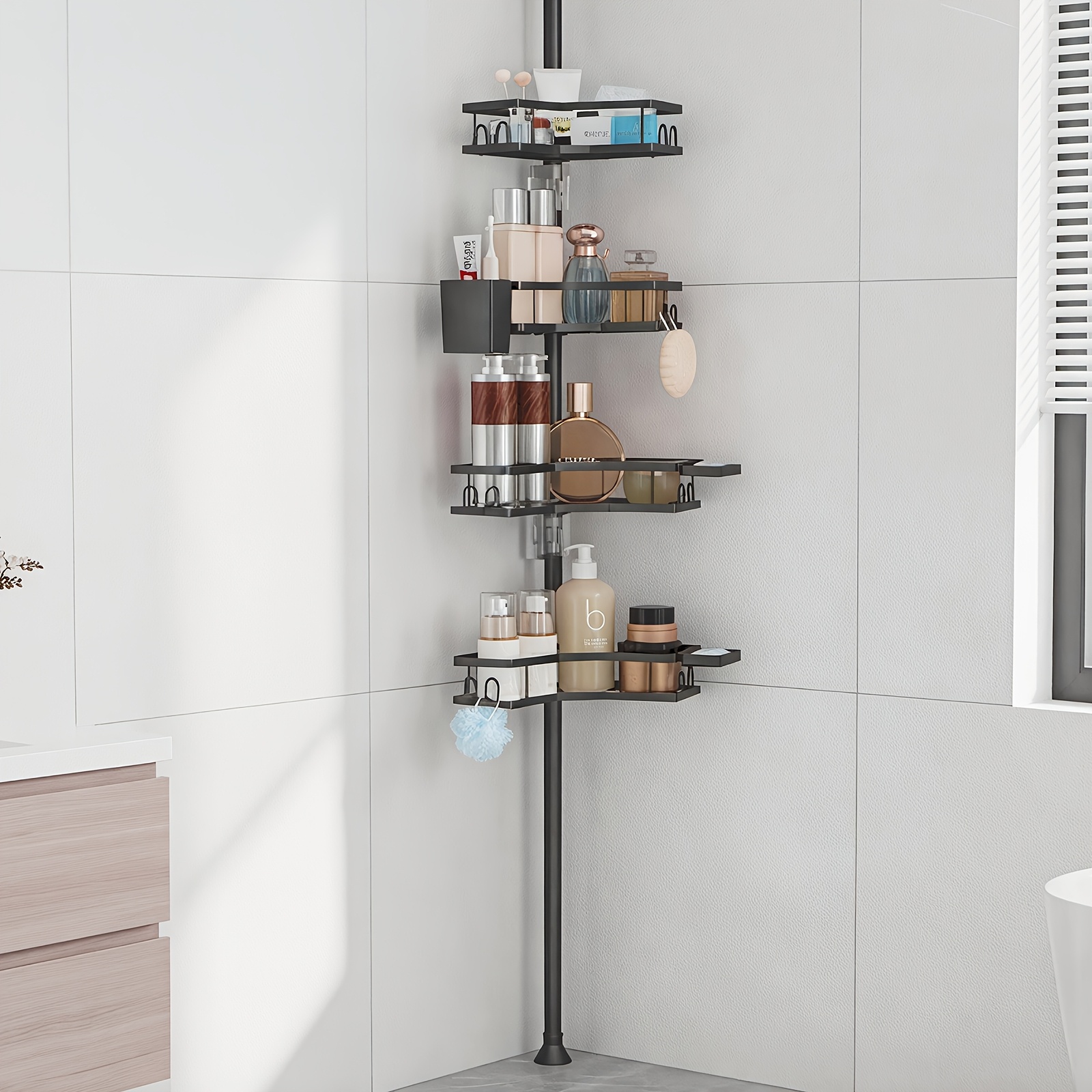Image of 4-tier Tension Pole Shower Caddy, No Drilling Adjustable Corner Shelf, Black Bathroom Organizer, Space Storage For Rentals, Shower Corner Rack For Shampoo And Accessories