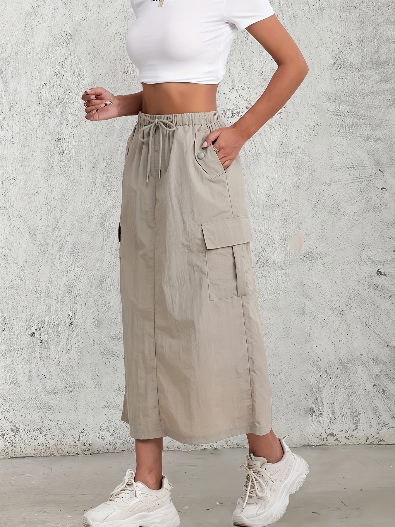 women's high waist a line cargo skirt adjustable drawstring