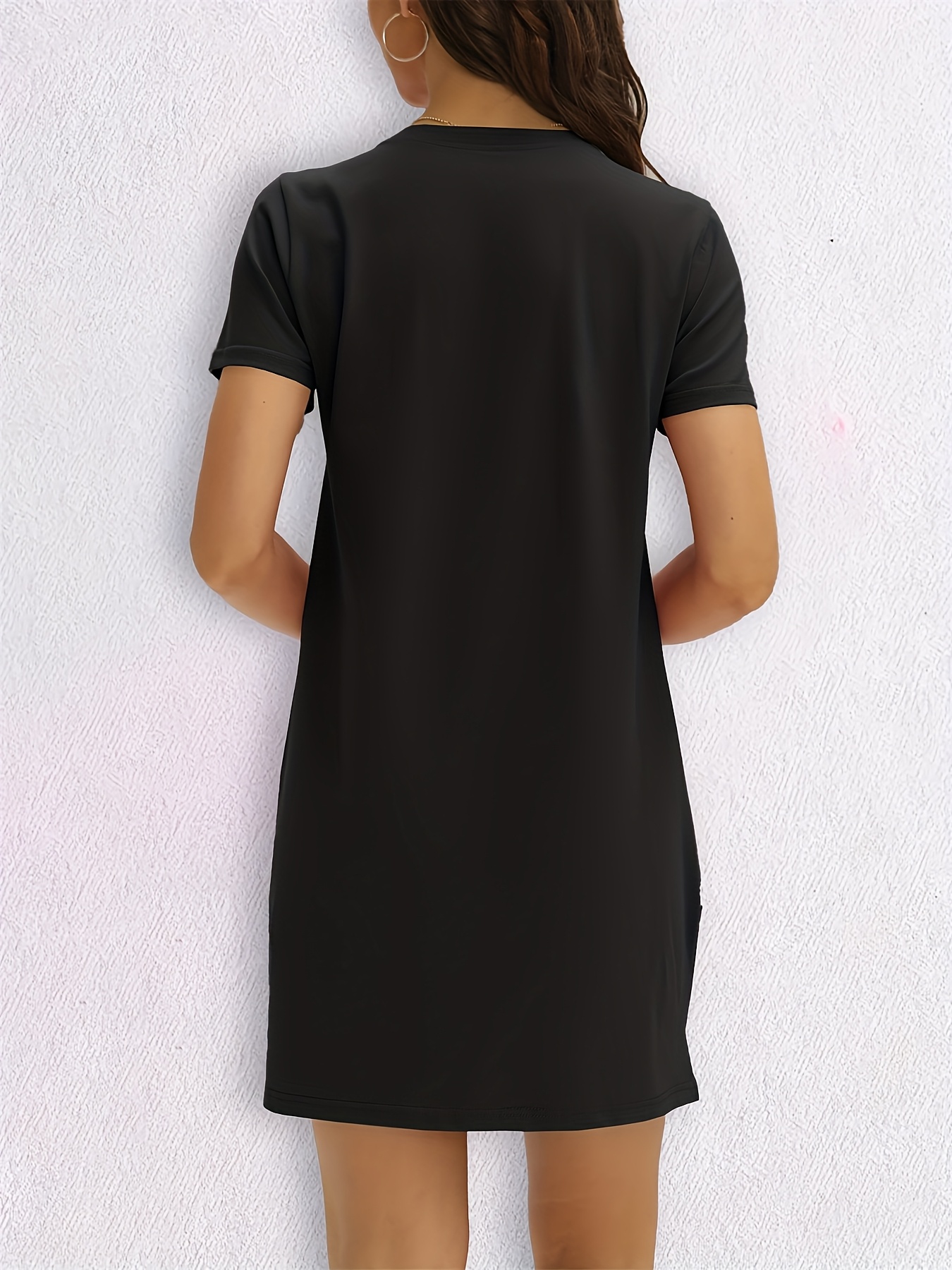 Women's Casual T-Shirt Dress - Short Sleeve Round Neck Black Dress with White 'MILANO' Letter Print, Medium Stretch Machine-Washable Spring/Summer Dress for Casual Attire