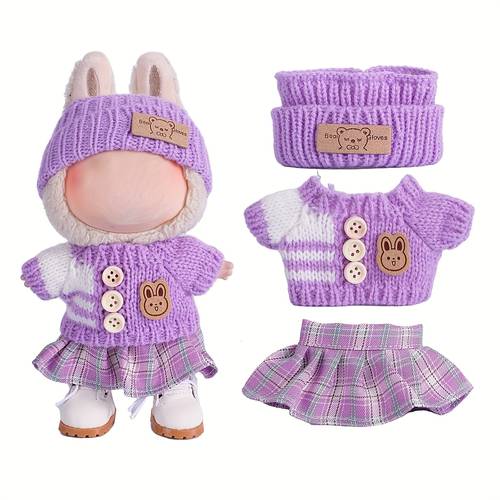 17cm doll clothes for labubu with 3 outfits stylish fisherman hat sweaters pants or skirt set for 17cm dolls adorable labubu accessories for play display not included shoes doll