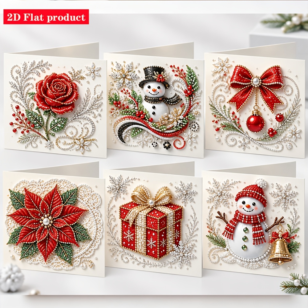 TEMU Ensemble de 6 cartes de vœux 2D plates sur le thème des boules de neige rouges, peinture de perles et de , cartes de vœux de Noël sur le thème