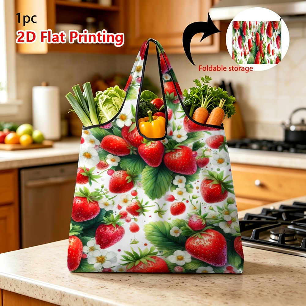 TEMU (printed Design Not Textured) 1pc Reusable Grocery Bags With Fresh Strawberry Pattern, Foldable Shopping Bag For Daily Shopping And Storage