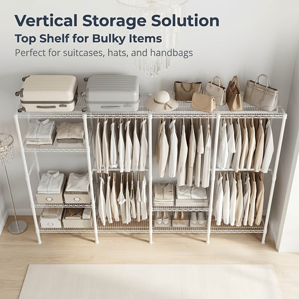 TEMU Grand système de rangement pour placard, portant à vêtements autoportant robuste en acier au avec 4 options d'installation, organisateur de