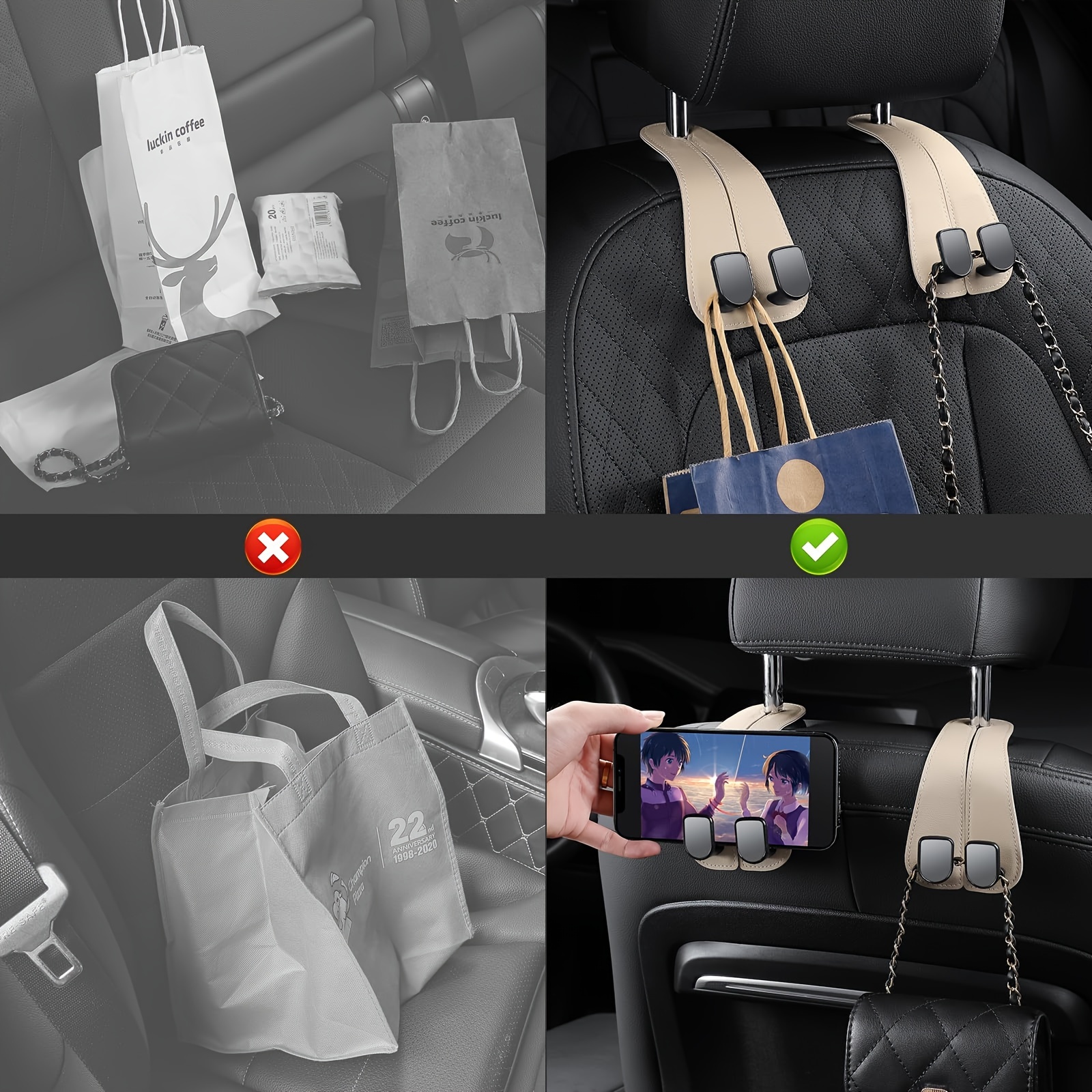 2pcs beige pvc car headrest hooks   design for purses bags fit vehicle seat back organizer accessories Product details 4