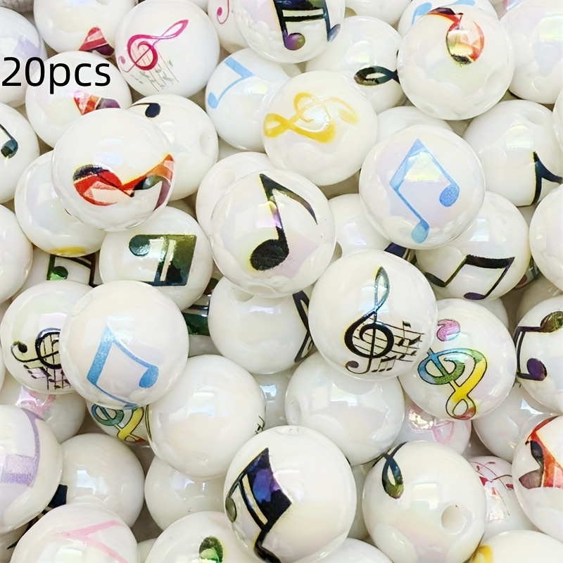 16mm Acrylic Solid Color Musical Note Printed Round Beads Straight Hole Handmade Beading Material Bracelet Necklace Music Theme Additions