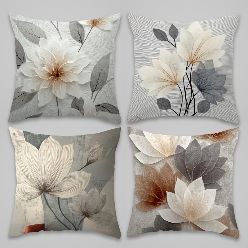 TEMU 4pcs Minimalist Gray Floral-themed Throw Pillows, Textured Design, Perfect For A Gentle Living Room Ambiance. Machine Washable Polyester,