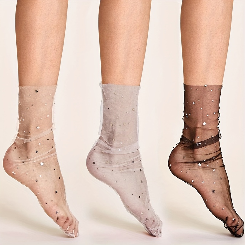 

3 Pairs Glitter Sequin Mesh Socks, Elegant & Trendy Loose Sheer Socks, Women's Stockings & Hosiery