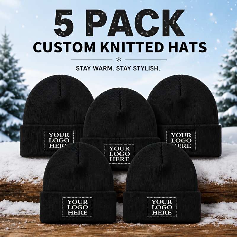 TEMU 5-pack Autumn/winter Warm Knitted Beanies, Customizable With Logo/photo/text, Comfortable And Warm, Suitable For Men And Women, Available In