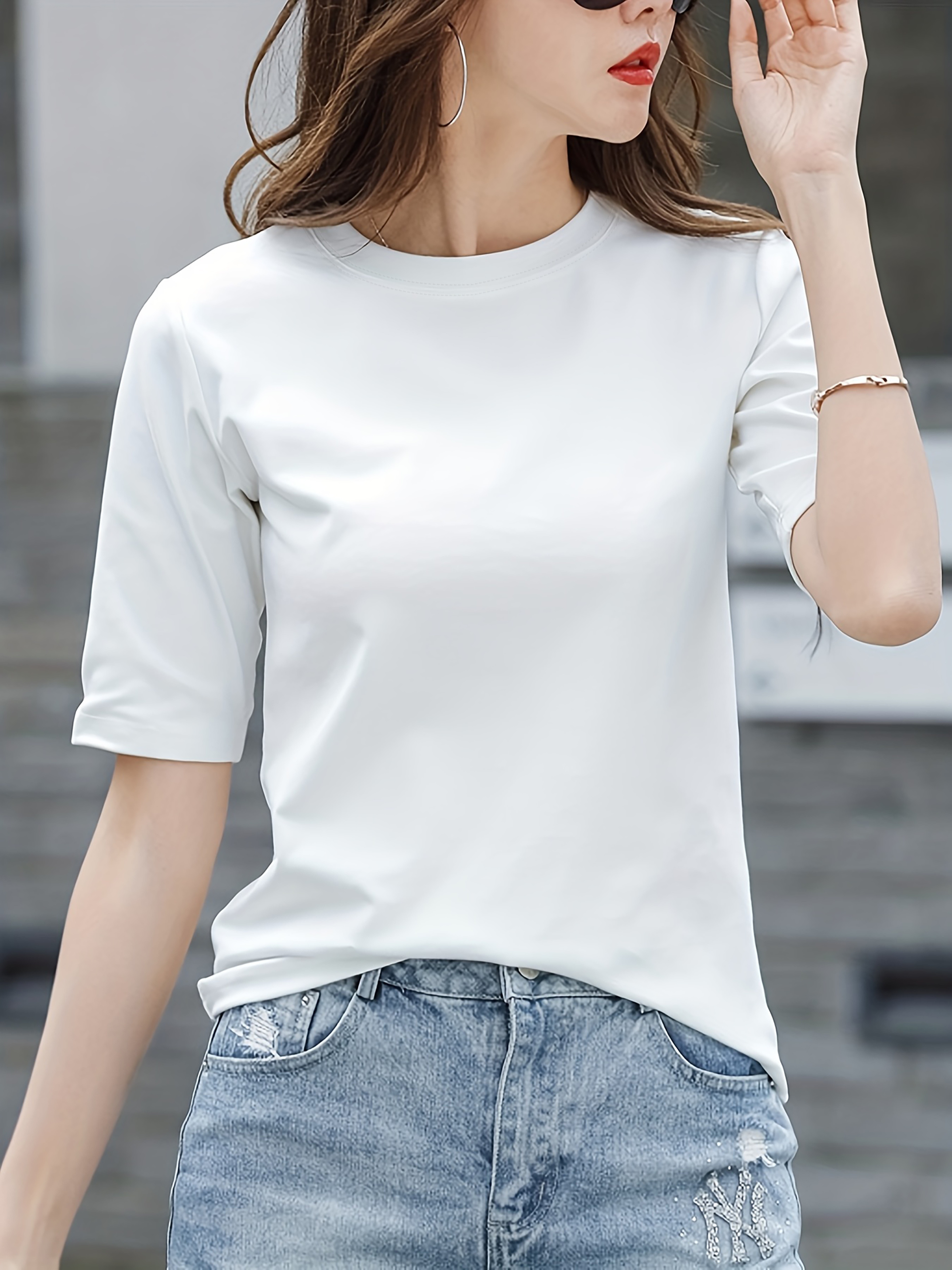 Women'S Elegant Solid Color Crew Neck T-Shirt, Short Sleeve Casual Summer Top, Lightweight Polyester Fabric, Regular Length, No Stretch, for Casual Attire