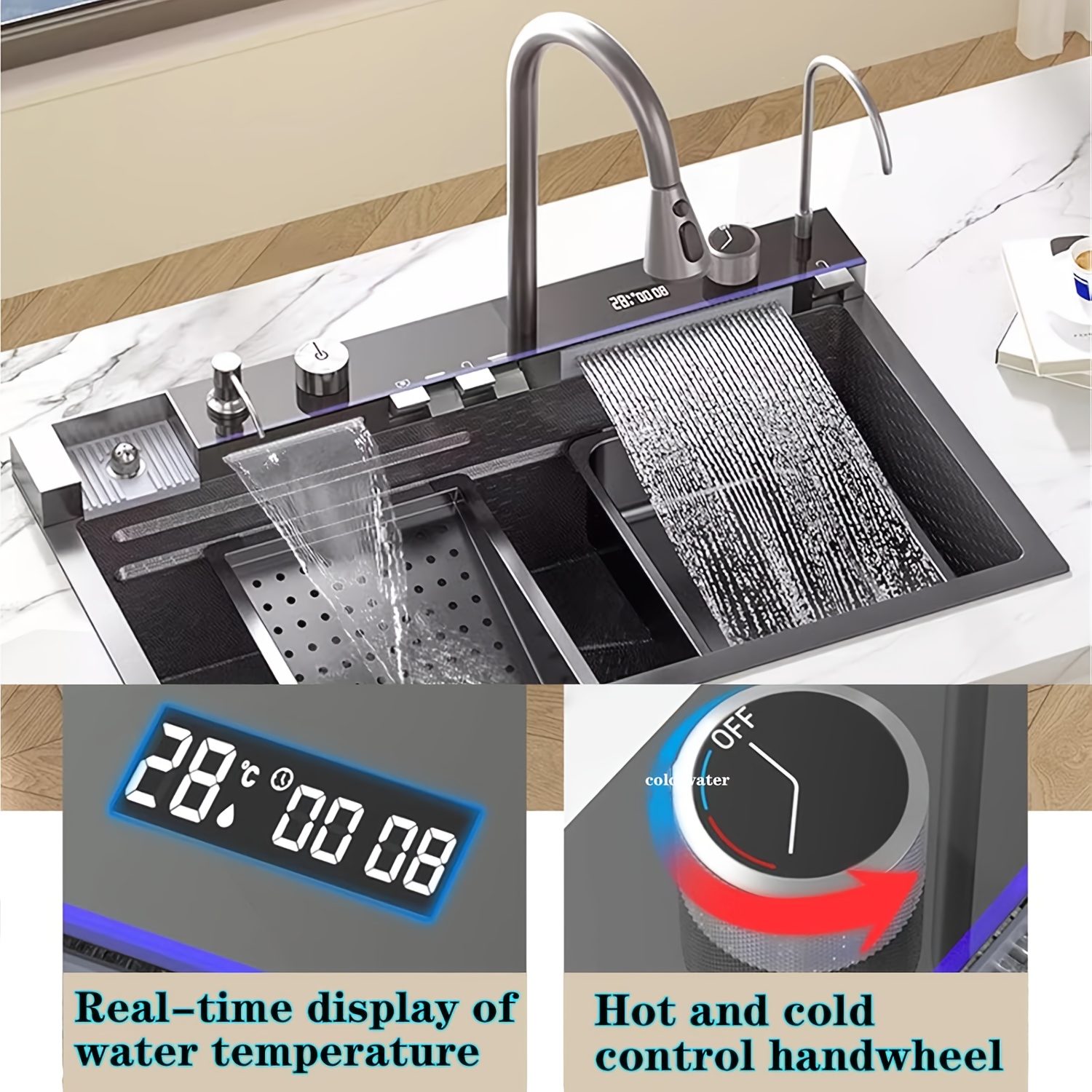workstation kitchen sink with dual waterfall basin and led display stainless   brushed   freestanding no rimmed right drain features cup washer soap dispenser waterfall mixer workstation controller  