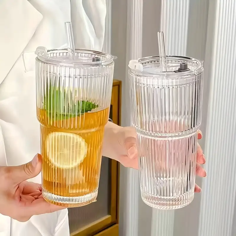 1 2 ins large capacity reusable glass cup with leak proof lid straw vertical striped design oval shape for hot cold beverages modern drinkware for coffee home holiday gifts office drinkware stylish beverage container hand wash only tea Product details 5