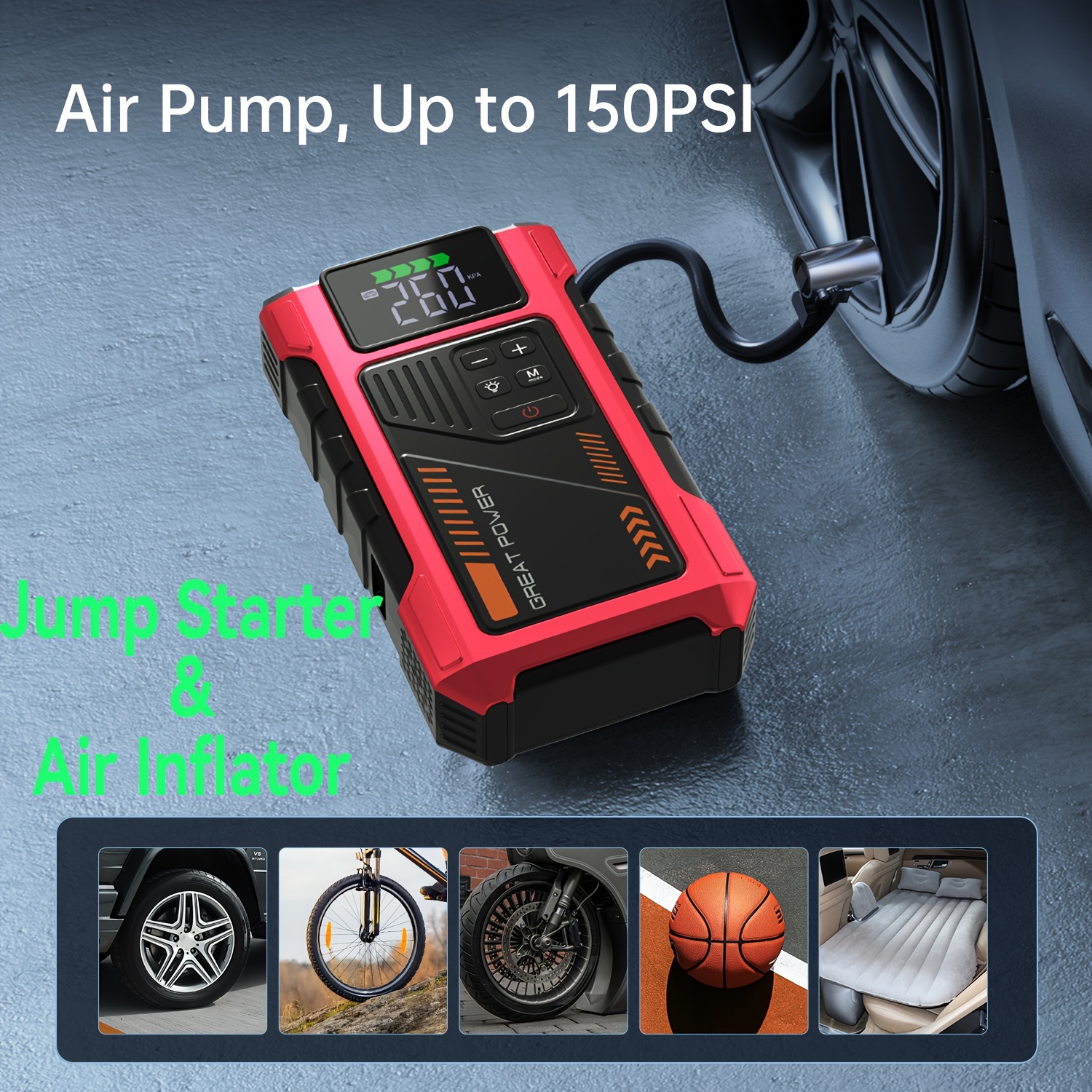 Portable Car Jump Starter 4000A Portable Car Jump Starter With Air Compressor, Suitable For 12V(8.0L Gas, 6.5L Diesel) Jump Starter Battery PackWith150 PSl Tire Inflator, 12V Car Battery Jump Power With LED Light, Car Accessories Tools, Car Emergency Kits, Jump Starters 8 Portable Car Jump Starter 4000A Portable Car Jump Starter With Air Compressor, Suitable For 12V(8.0L Gas, 6.5L Diesel) Jump Starter Battery PackWith150 PSl Tire Inflator, 12V Car Battery Jump Power With LED Light, Car Accessories Tools, Car Emergency Kits, Jump Starters - Image 8