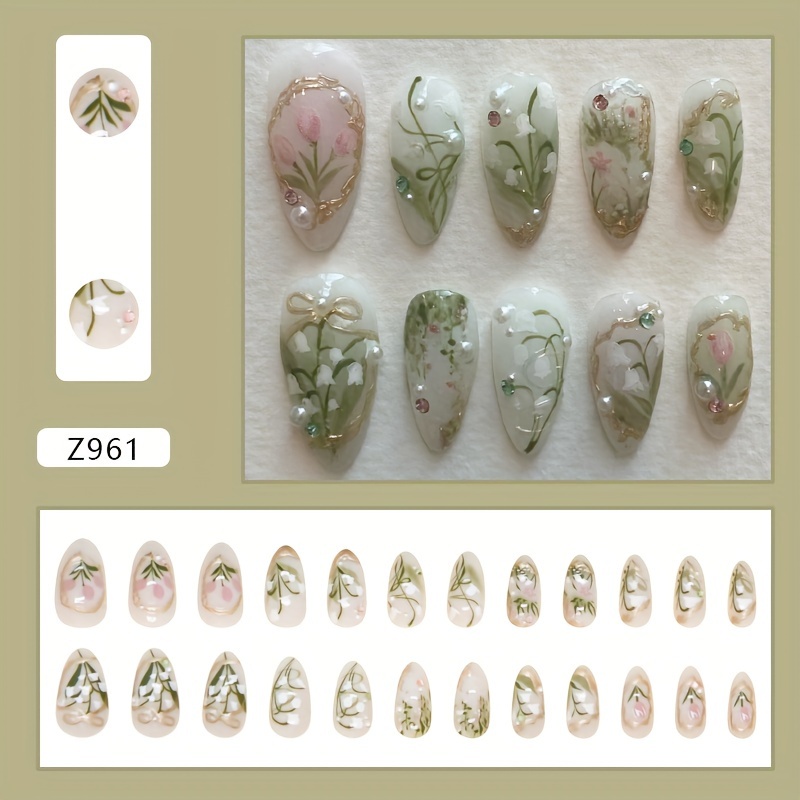 TEMU 24pcs Almond Shaped Short Press-on Nails Set, Green & Glossy , 3d Ornamental Rhinestone Design, Removable Sweet False Nails