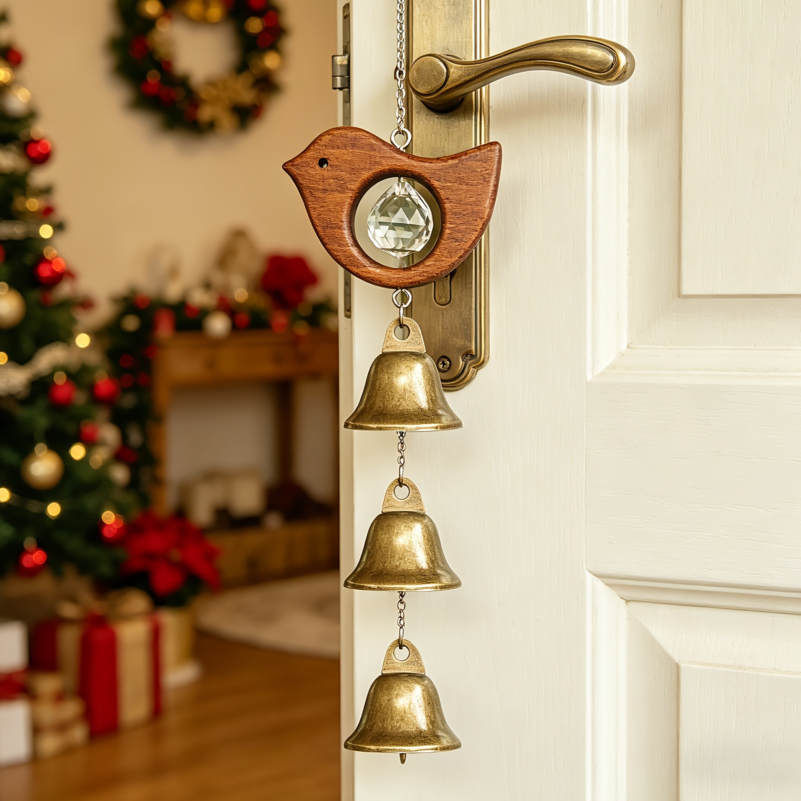 TEMU Handmade Wooden Bird Catcher Wind Chime With Three-tier Vintage Metal Bells, Door Hanging Ornament For Christmas Home And Garden Decor,