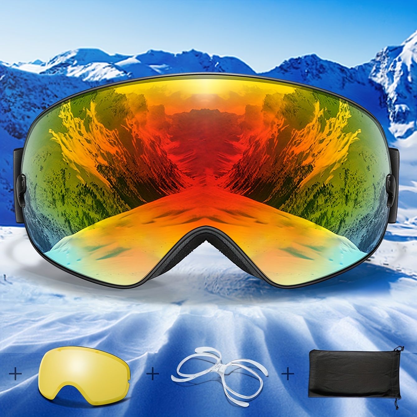 

Lunettes de neige d'hiver pour hommes et femmes, avec protection anti-buée et UV, cadre en TPU et lentilles interchangeables. un jeu de lentilles , un cadre à prescription et un sac de lunettes.