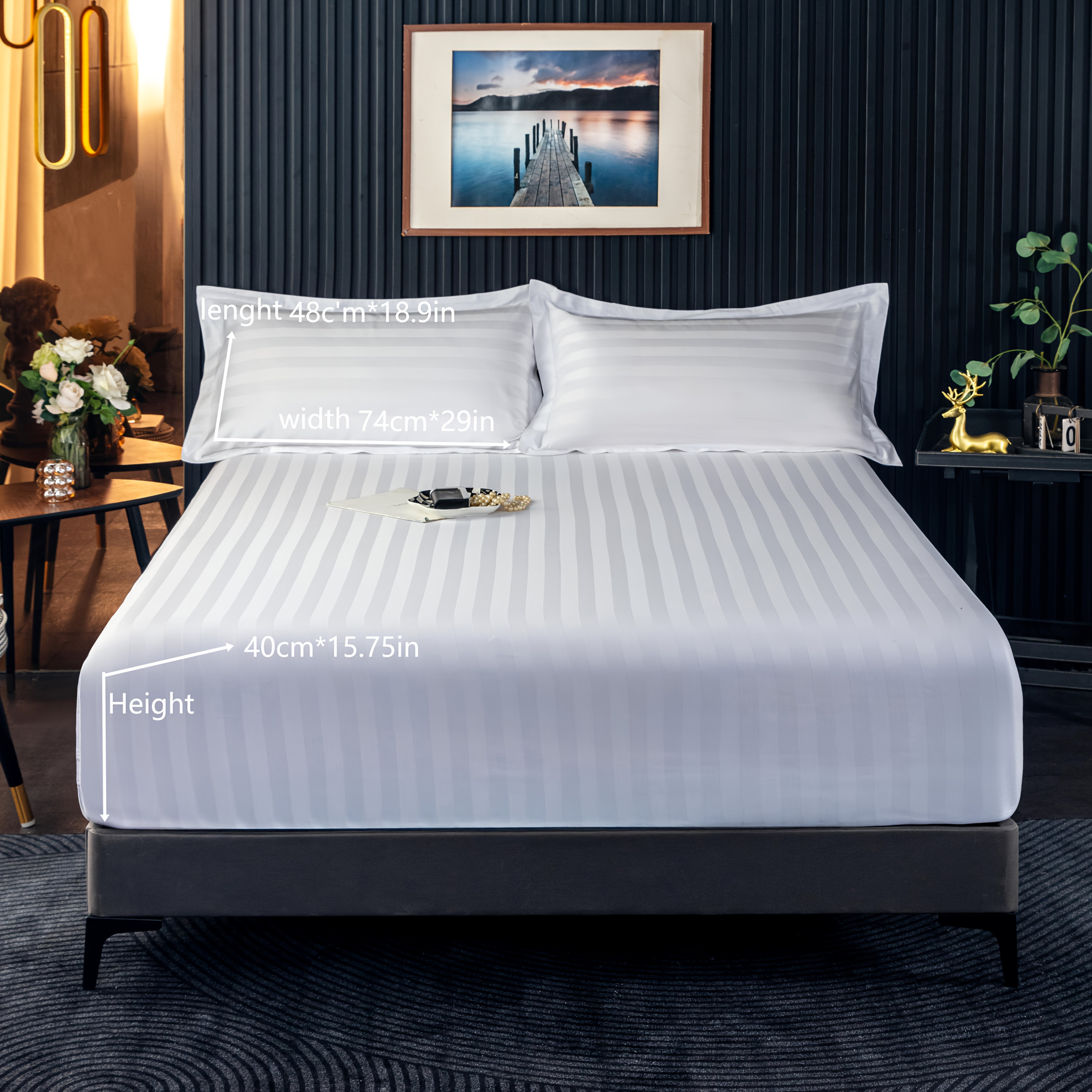 TEMU 100% , 3pcs Fitted Sheet Set (1 Fitted Sheet + 2 Pillowcases), , Mattress Cover, 40cm Deep , 500 , Suitable For Bedroom