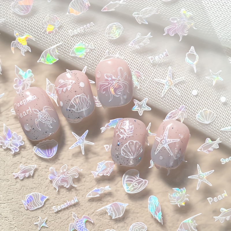 Image of 1-sheet Marine Nail Art Stickers Suitable For Women's Diy - Sea Creatures With Seashells, Seahorse, Starfish, Octopus, Crab & Fish - Plastic Fish Scale & Decals For Nails, Application, No Removal
