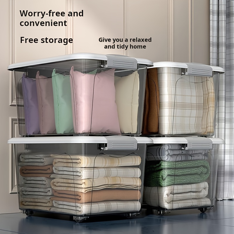 2pcs Set of Large Capacity Stackable Plastic Storage Bins with Lids, Featuring Double Locking Latches, Wheels, and a Grey Striped Design. These Multi-functional Storage Boxes Are Perfect for Organizing Clothes,, and Closets.