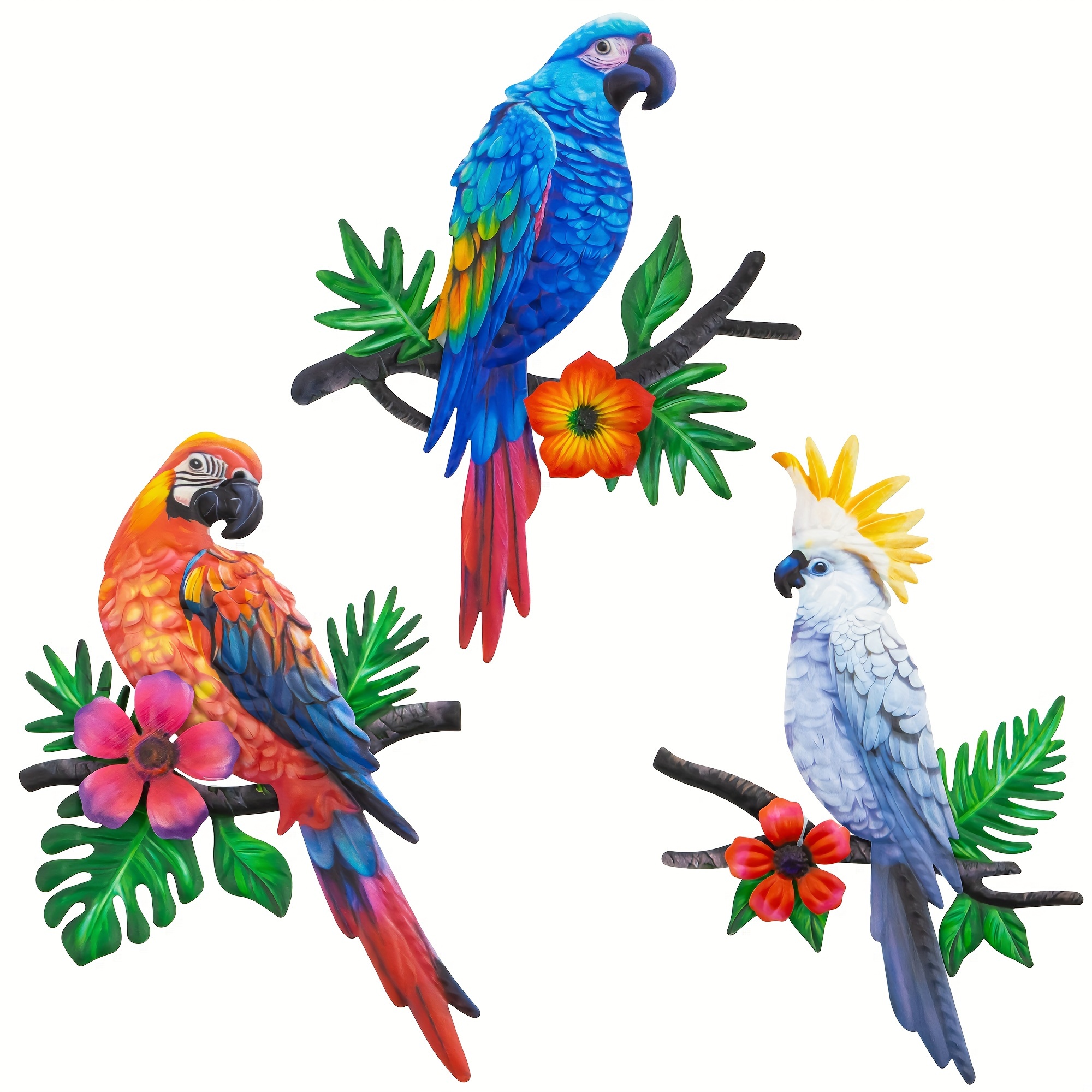 

12 Inch Outdoor Parrot Wall Art Set - Metallic Decorative Flowers And Hooks