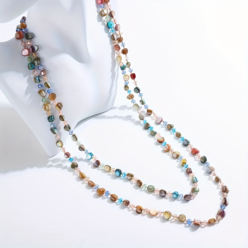 

Vintage Tribal Style 120cm Natural Stone And Shell Beaded Long Necklace, Multicolor Crystal Sweater Chain, Suitable For All Seasons - Unique Daily Wear And Gift Giving Jewelry