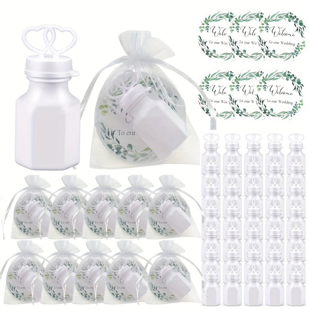 

150pcs Wedding Party Favors Mini Bubble Bottles With Card White Organza Bag For Bridal Shower Guest Gifts Anniversary Babyshower Favors Wedding Party Supplies, Liquid Free