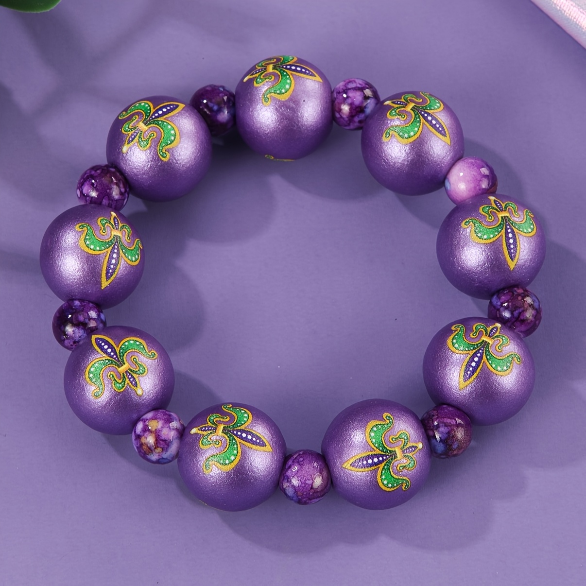 

1pc Mardi Gras Beaded Stretch Bracelet, Vintage Wooden Beads With Carnival Totem Print, Fashion Jewelry For Women, Daily & Gift , Holiday Party Accessory, All-