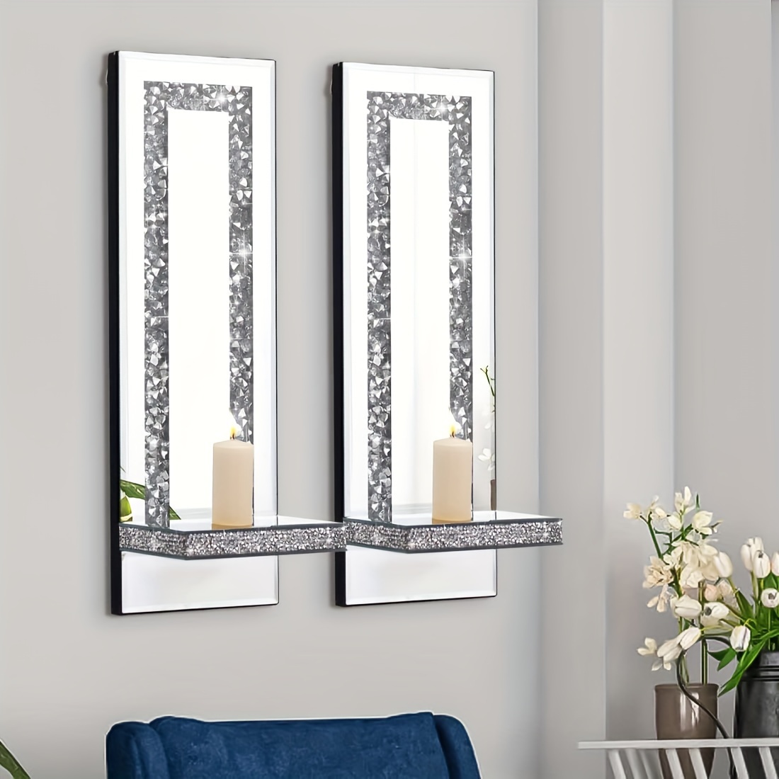 

1 Set Of 2 Diamond Mirror Candlesticks, Silvery Wall Hanging Candlesticks, Suitable For Wall Decoration In Living Room, Dining Room, Bedroom, Rectangular Stripes