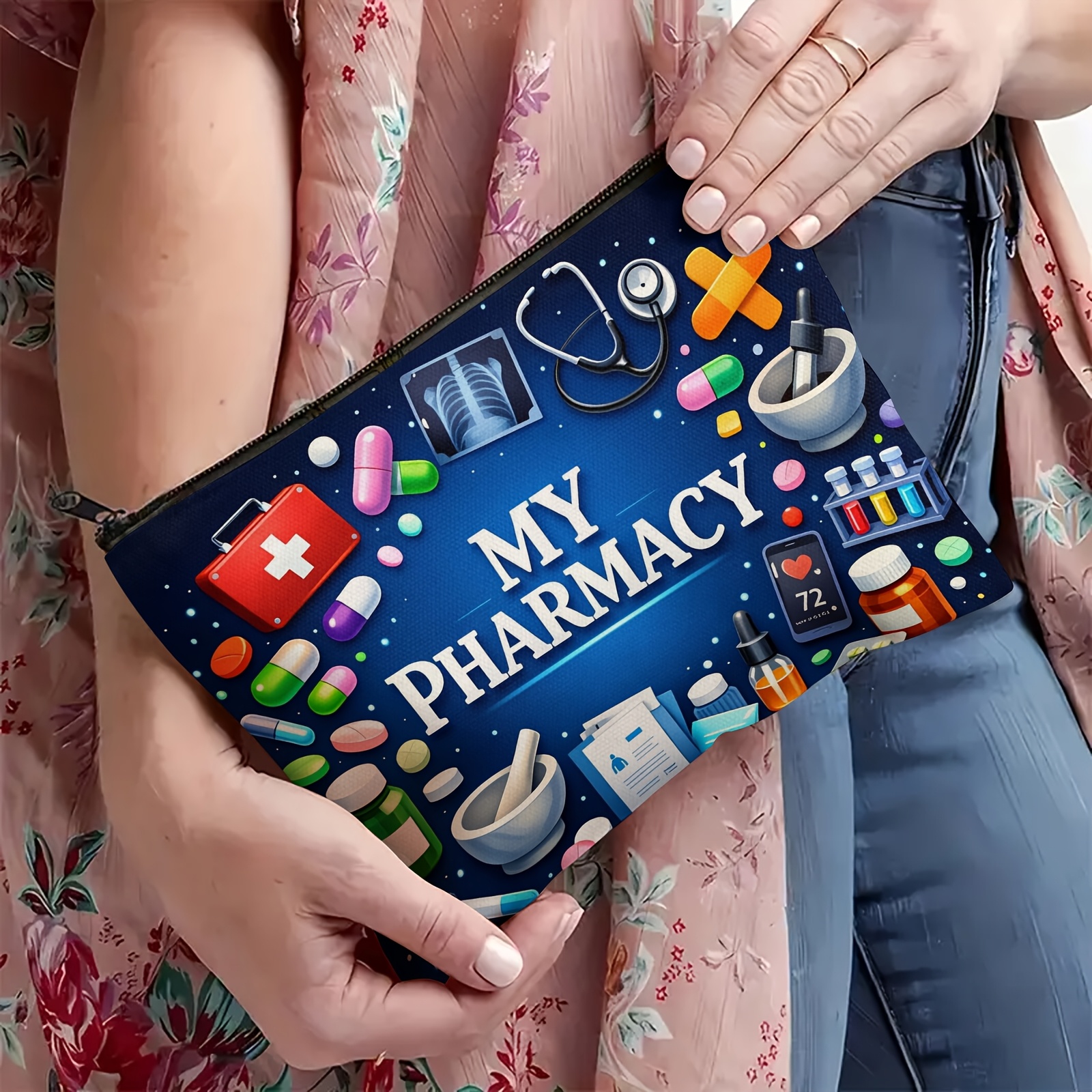 TEMU 1pc Print Makeup Bag With Zipper Closure, Storage For Cosmetics, Toiletries, Sunscreen, Medicine, Pills, Etc. Organizer And Thoughtful Gift For