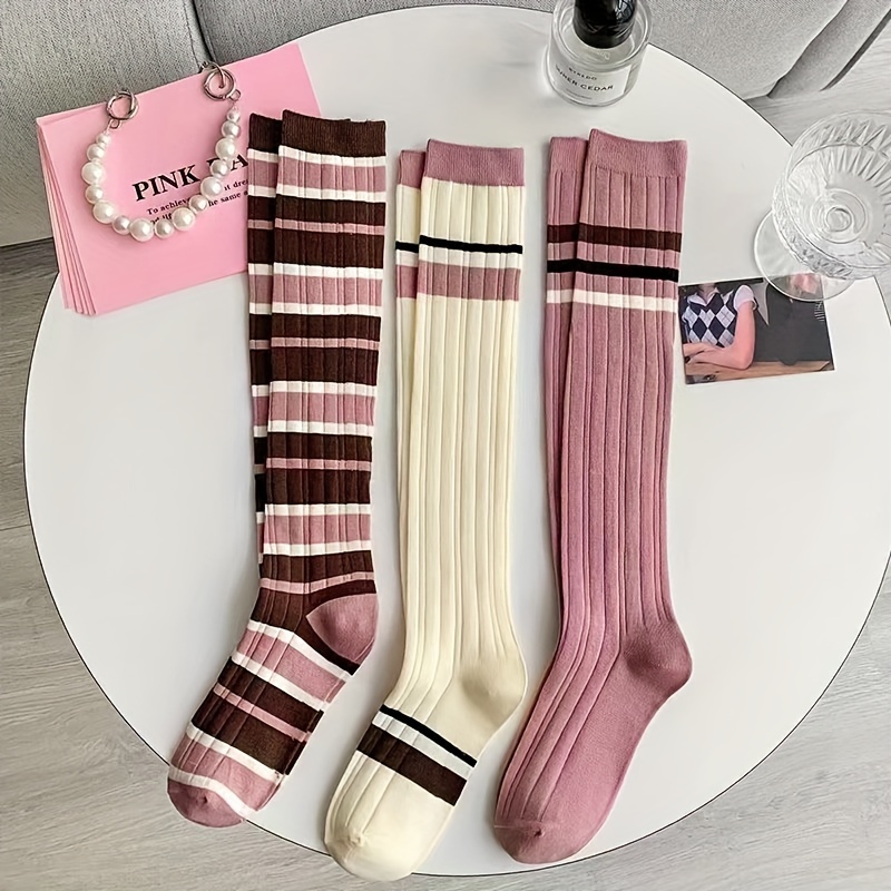 TEMU 1 Pair Random Color/3 Pair Of Pink Striped Calf Socks For, Suitable For Spring And Autumn, In A , Jk Uniform, Sweet High-calf Stockings, Summer