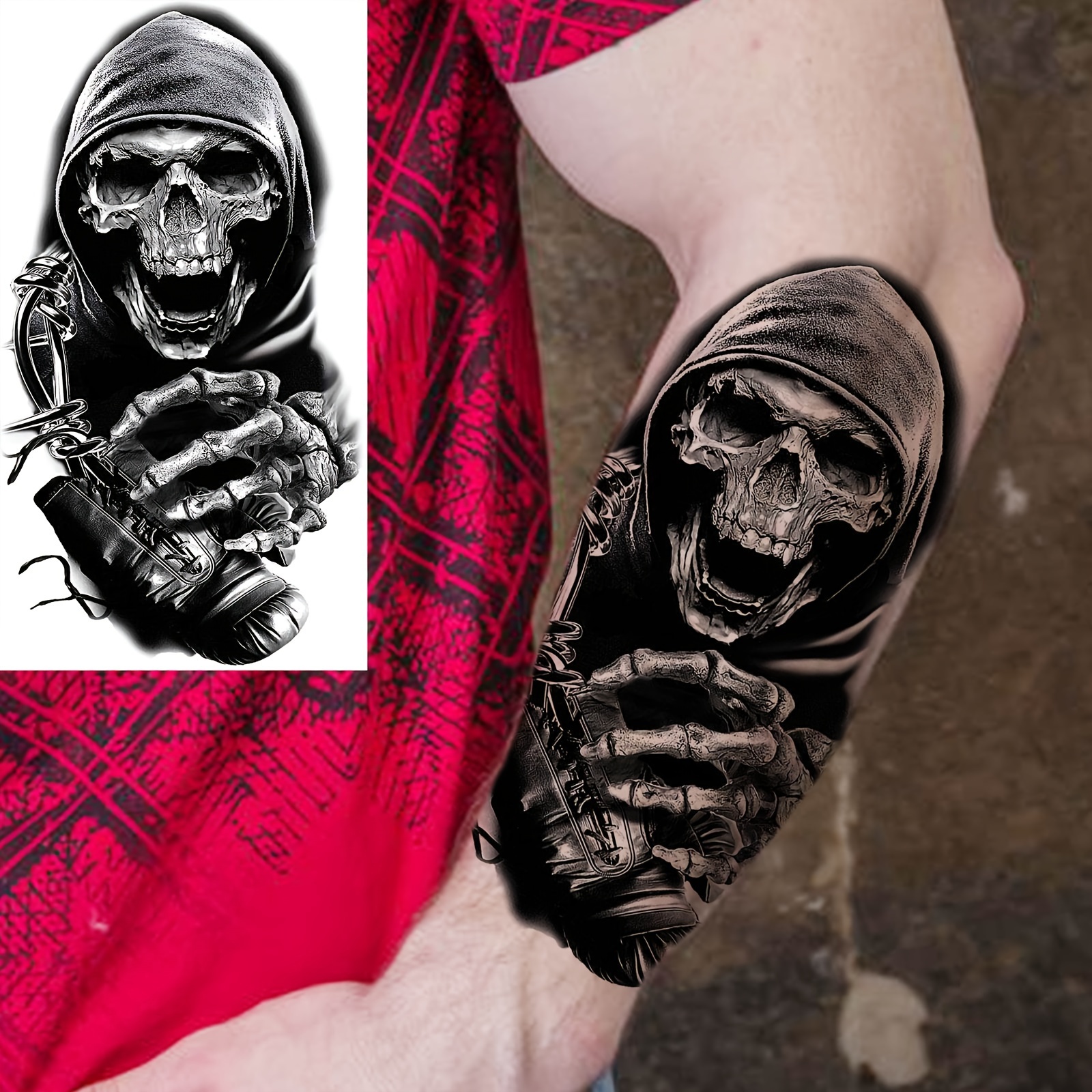 12 Blätter Temporäre Tattoos – Schwarze Totenkopf & Motiv-Aufkleber, Wasserfest, Für Körper & Partys