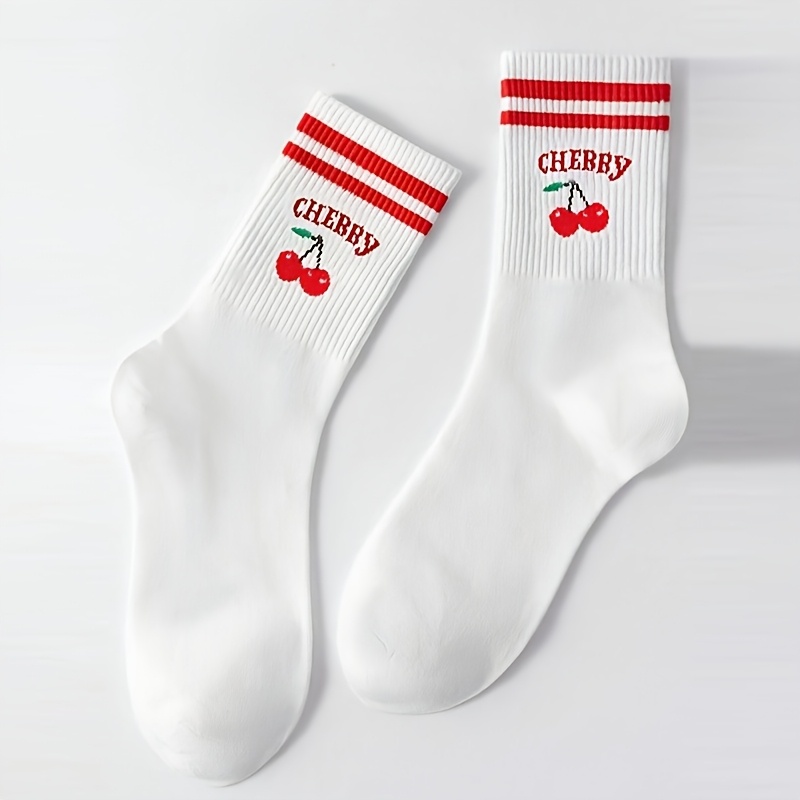 TEMU 1 Paire de Chaussettes pour Femmes avec Petit Motif de Cerises, Design de Dessin Rayé Double Barre Mode Douce Haute Esthétique Chaussettes pour