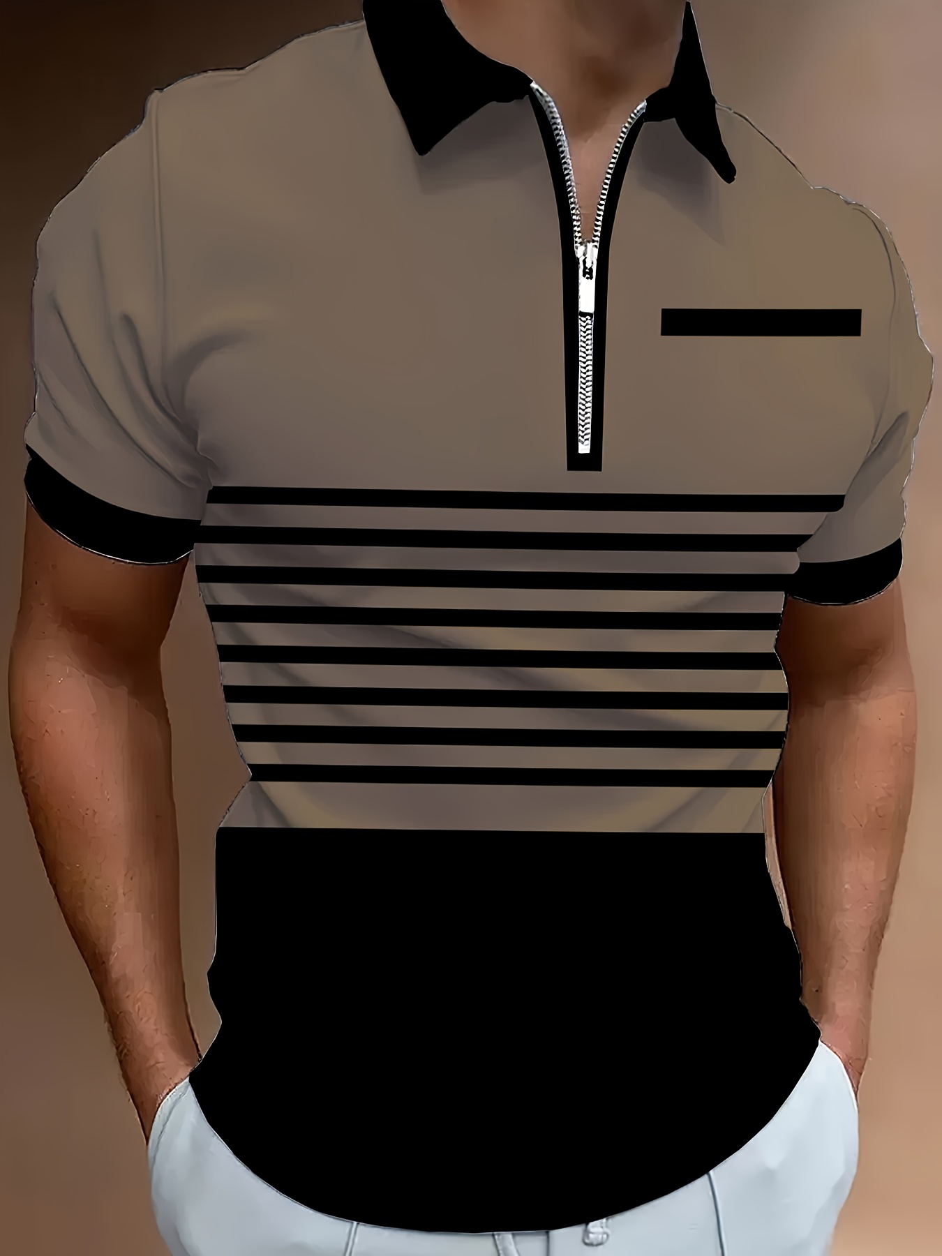 Men's Color Blocking Stripes Print Golf Shirt for Summer, Casual Stylish Short Sleeve Top As Gift, PLUS SIZE