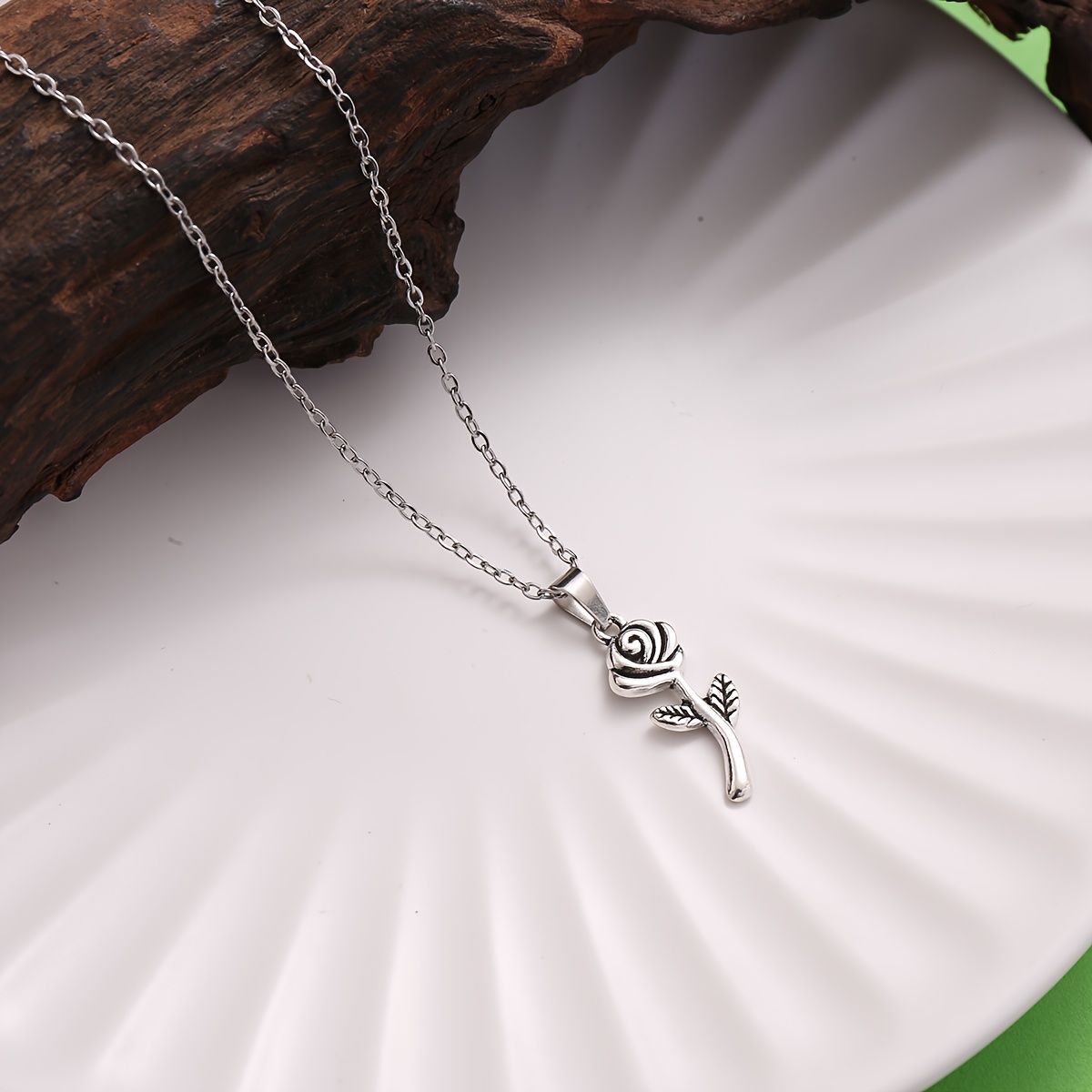 Vintage Rose Branch Pendant Necklace with Delicate Textures