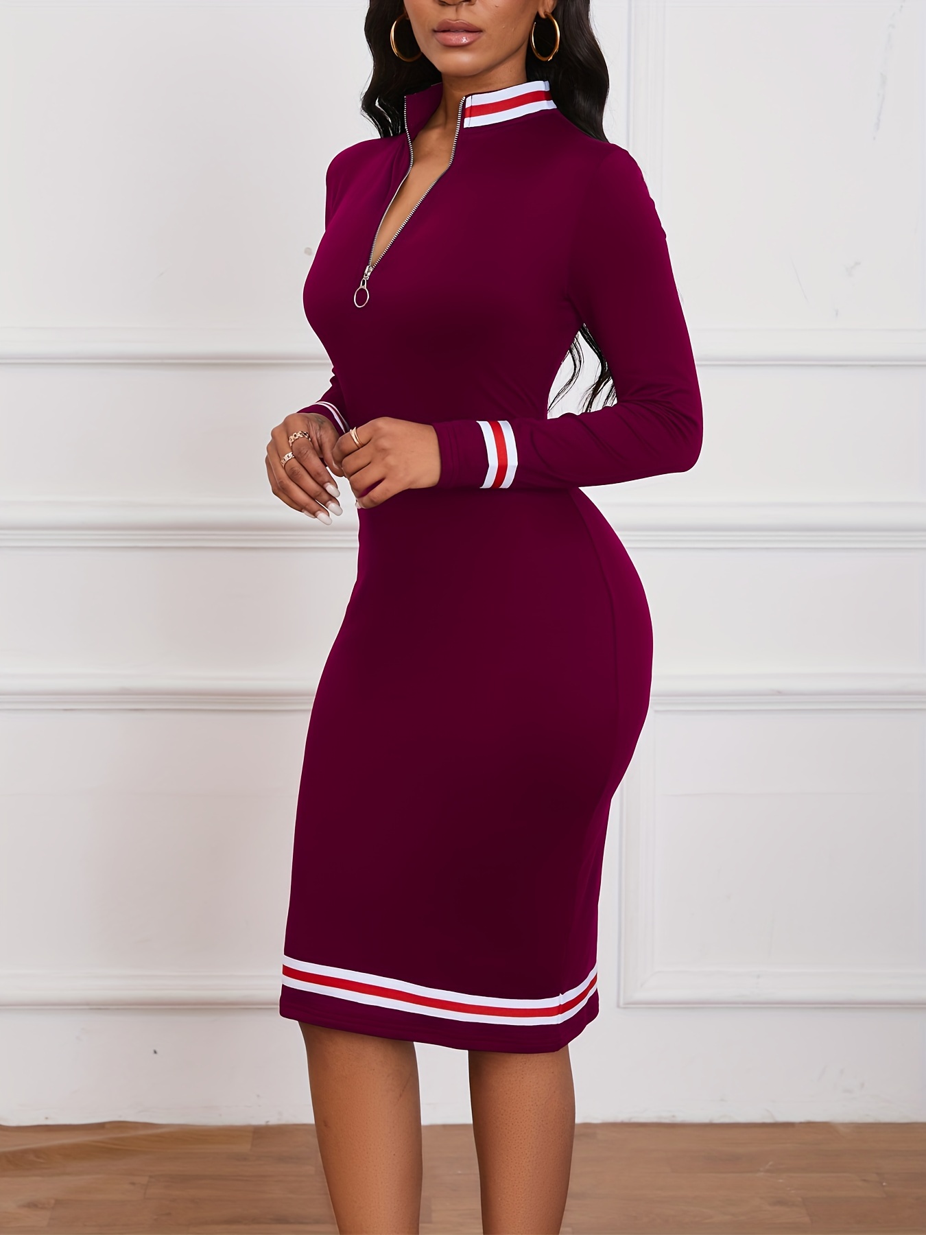 zip up striped print dress, casual long sleeve bodycon midi dress, women's clothing burgundy 3