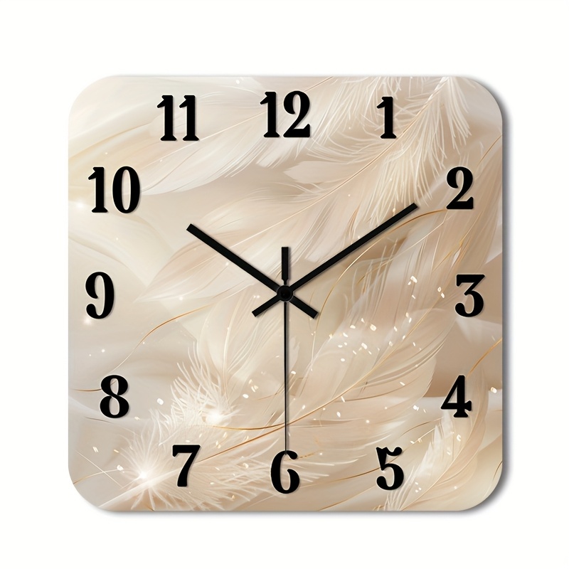 TEMU 1pc Modern Minimalist Large Square Wooden Wall Clock - Silent Non-ticking Movement, Beige & Golden Feathered With , Hd Glossy Lamination Finish,