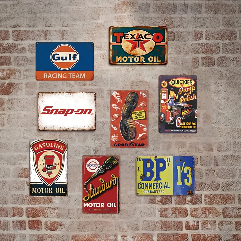 2D 8pcs Retro Metallic Signboard - Pump and Engine Oil Pattern for Home, Bar, Men'S Cave and Garage Decorations | Weatherproof and Pre-Drilled