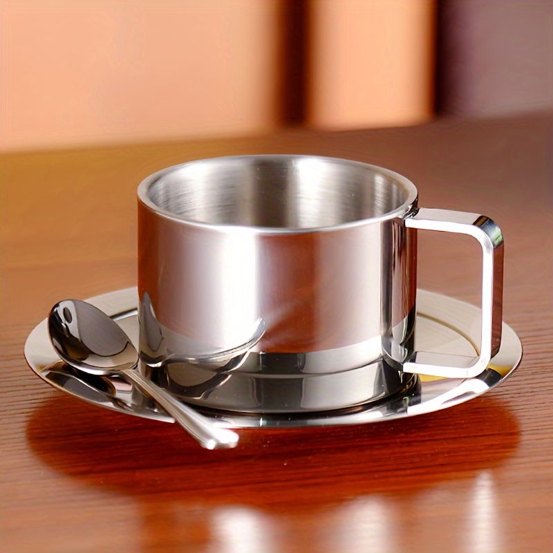 

3-piece Stainless Steel Coffee Cup Set With Double Walled Heat Resistant Mug, Saucer, And Spoon - Kitchen Cafe Accessories