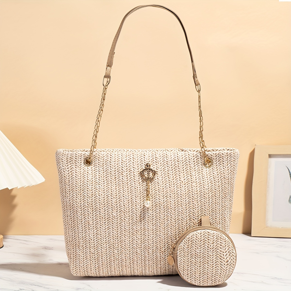 

Women's Woven Straw Tote Bag Set With Matching Coin Purse, Fashionable Shoulder Handbag For Shopping, Travel, Beach, Vacation, Festive Occasions