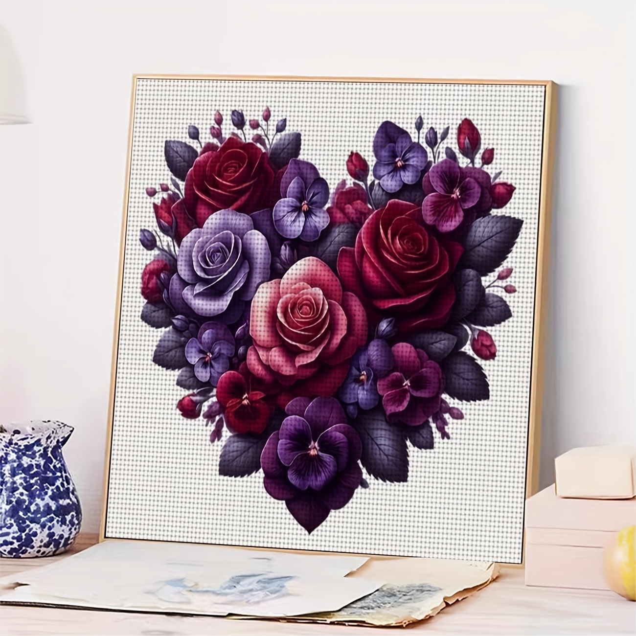 Printed DIY Cross Stitch Kit, Frameless, "Heart-Shaped Purple Flowers" Pattern