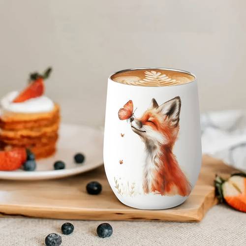 item picture single pack insulated tumbler fox and featuring a cozy autumn scene on an eggshell textured cup made of stainless drinks hot or cold and with an anti spill lid this autumn themed mug is suitable for use