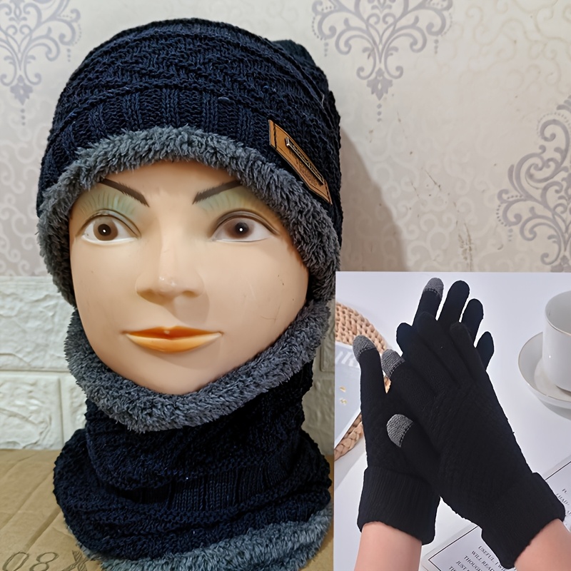 

Cozy Winter Essentials Set: Soft, Lightweight & Warm Velvet-lined Beanie, Scarf & Gloves, Geometric Patterns With Elbow Closure