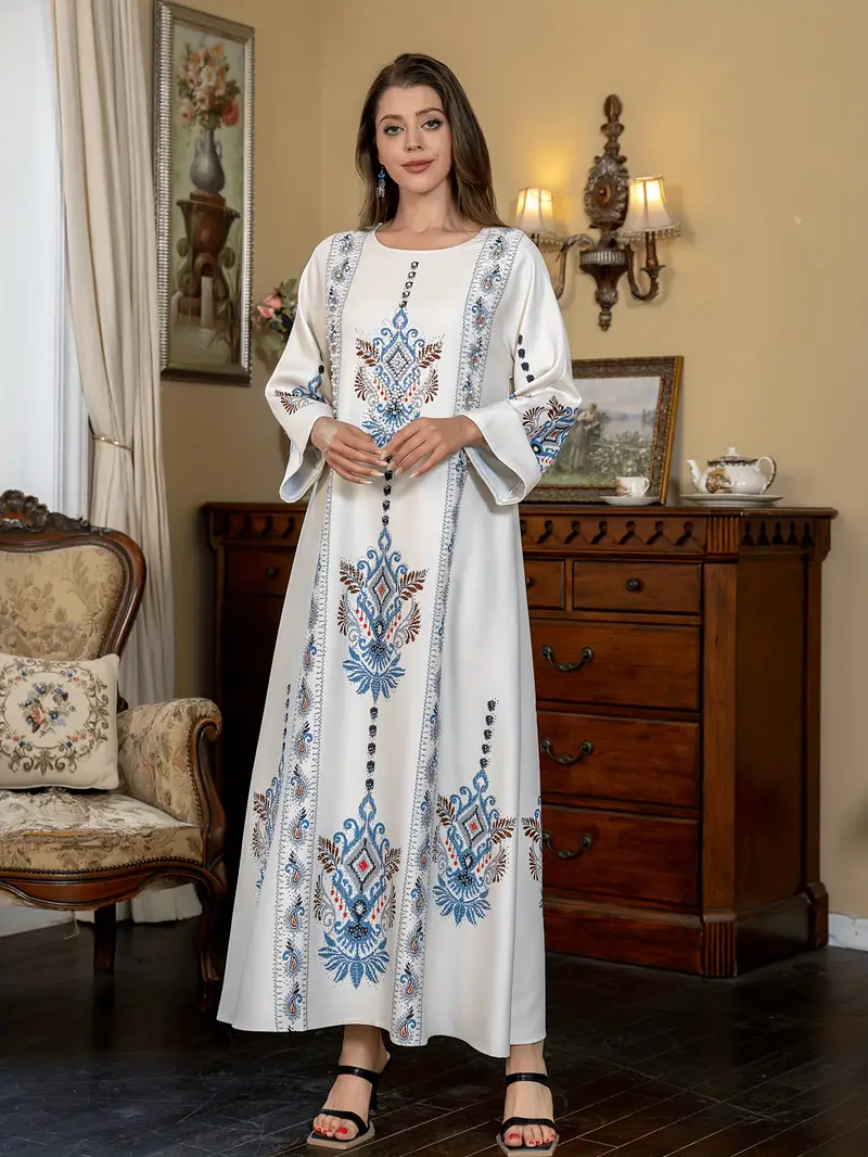 Fashionable Floral Print Abaya Dress for Women, Featuring a Round Neckline * with Rhinestones And Pearls, Suitable for *. Fashionable Floral Print Abaya Dress for Women, Featuring a Round Neckline * with Rhinestones And Pearls, Suitable for *.