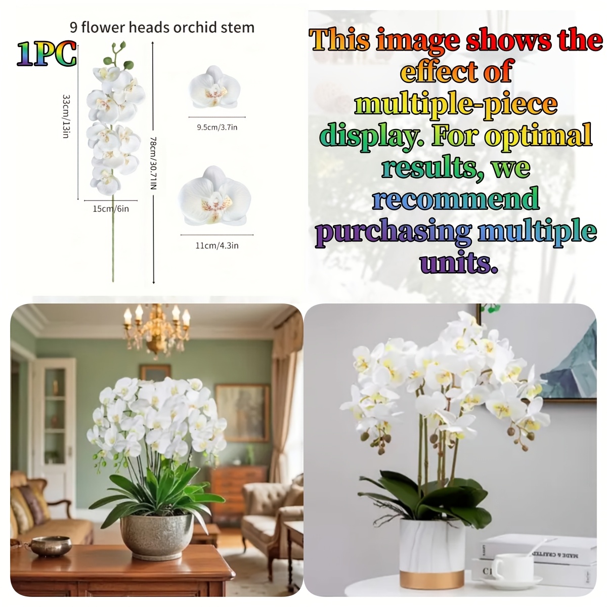 TEMU 1 Artificial White Phalaenopsis Orchid Bouquet - Elegant, Low-maintenance, Long-lasting Decoration, Suitable For Weddings, Home, Office - No