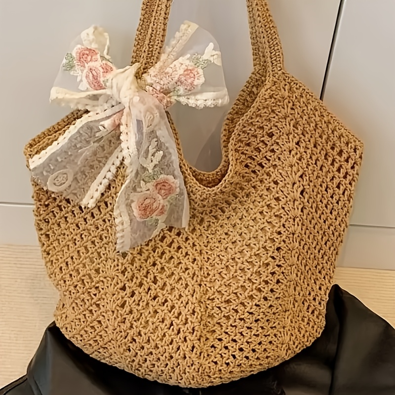 TEMU Women's Crochet Tote Bag And Ribbon 2pcs Set, Women's Shoulder Bag, Crossbody Bag, Knit Mesh Tote Bag, Lightweight Hollow Shoulder Bag, Casual