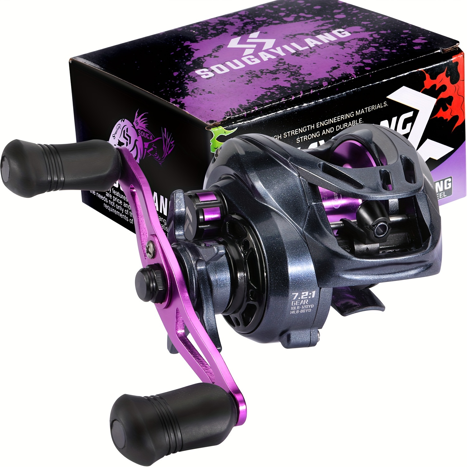 TEMU Sougayilang Purple Baitcasting Fishing Reel 7.2:1 Super-smooth Fishing Reel Max Drag 10kg Fishing Reels