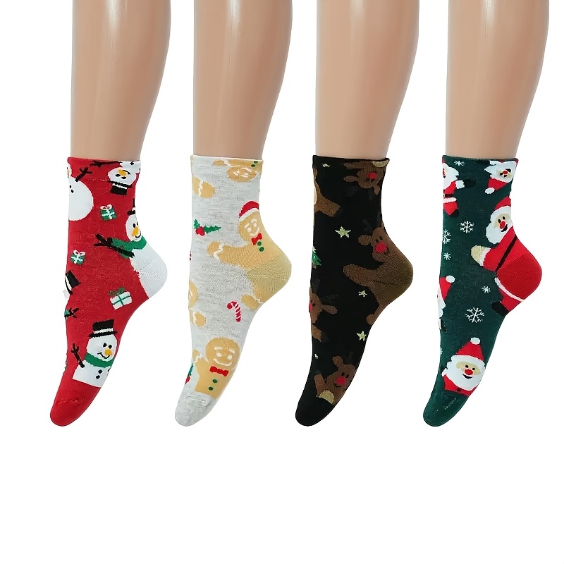 TEMU 4 Pairs Women's Christmas Socks - Festive Snowman, Gingerbread, Reindeer & Santa Claus Designs, Warm Cozy Mid-calf Tube Socks With Cute Cartoon