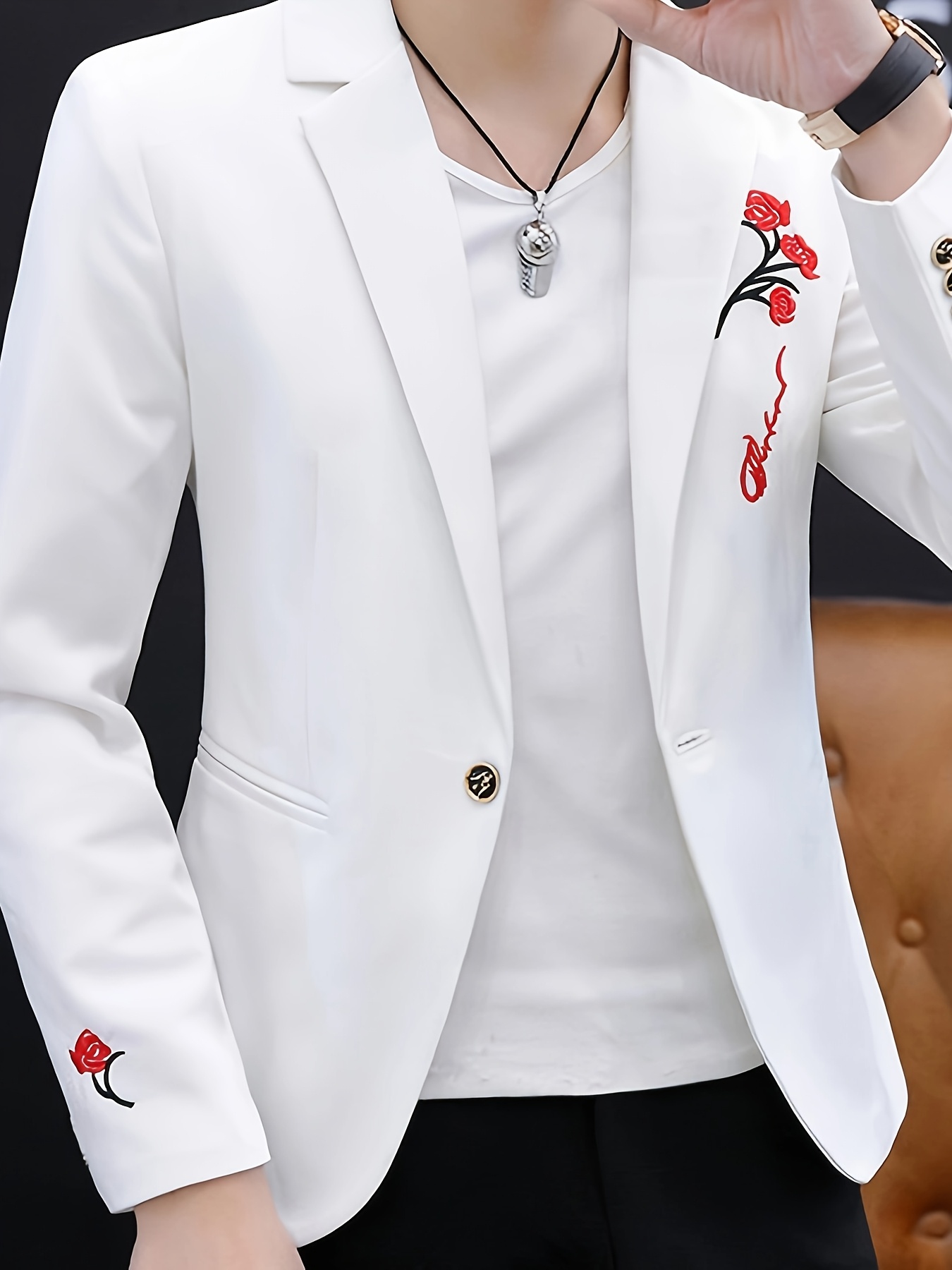 Men's Casual Slim-Fit Blazer | Polyester Suit Jacket with Floral Embroidery | Notched Lapel, Long Sleeves | Button Details | Ideal for Spring/Autumn | Dry Clean Only, Stylish Formal Attire | Notched Lapel Design | Smooth Texture Fabric