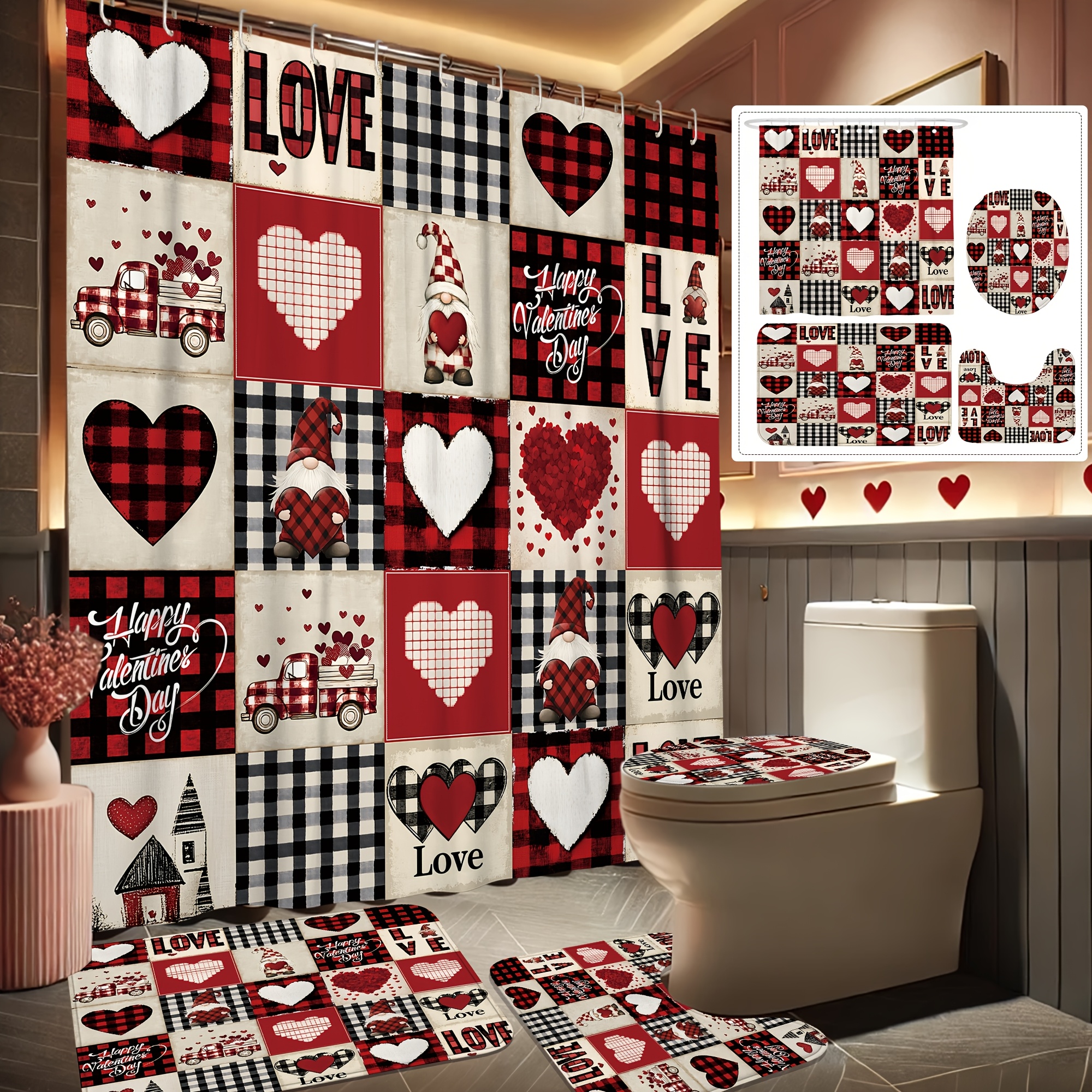 

1/4pcs Happy Valentine's Day Decoration Shower Curtain Set Love Heart Truck Patchwork Shower Curtain Washable For Bathroom Shower Ornament Gift Home With12hooks Non-slip Bath Mat Toilet Lid Cover Mat