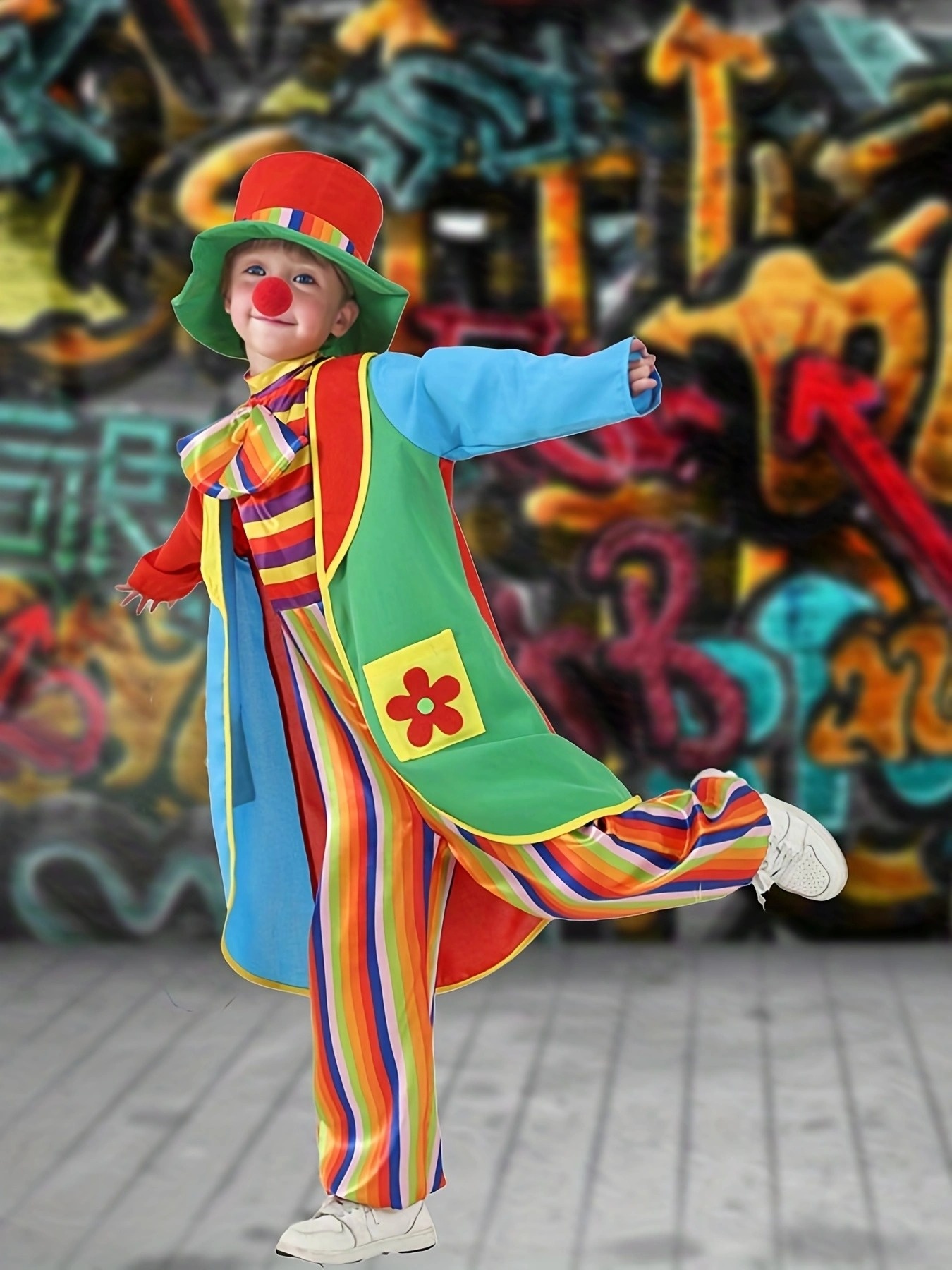 Tenue de clown arc-en-ciel pour les jeunes - Combinaison à rayures colorées avec nez rouge et patch vert, overols bleus, 2 poches, tissu non extensible, parfait pour les fêtes et les spectacles, design ludique | Ludique | Tissu durable